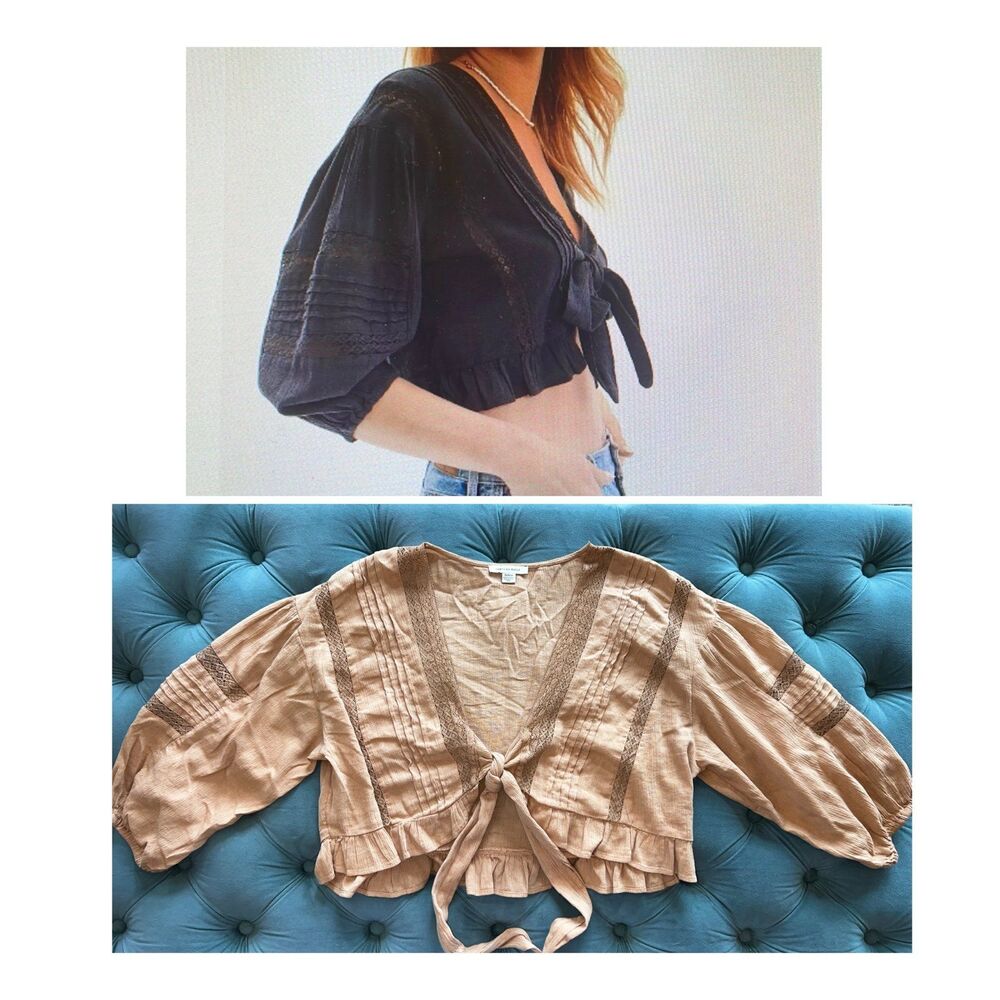 American Eagle Outfitters cropped peasant blouse tie front lace detail Beige M